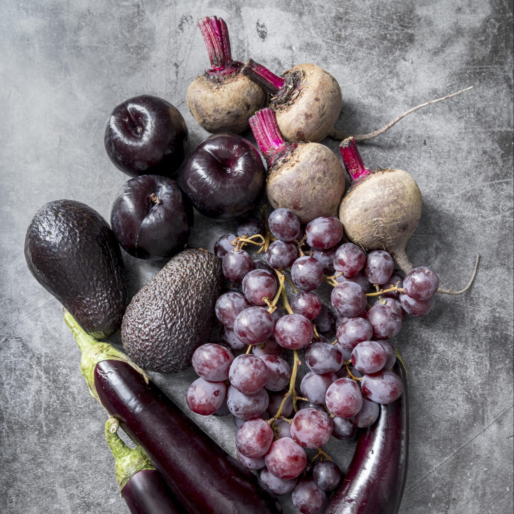 blue – purple, top view bunch healthy fruits vegetables scaled