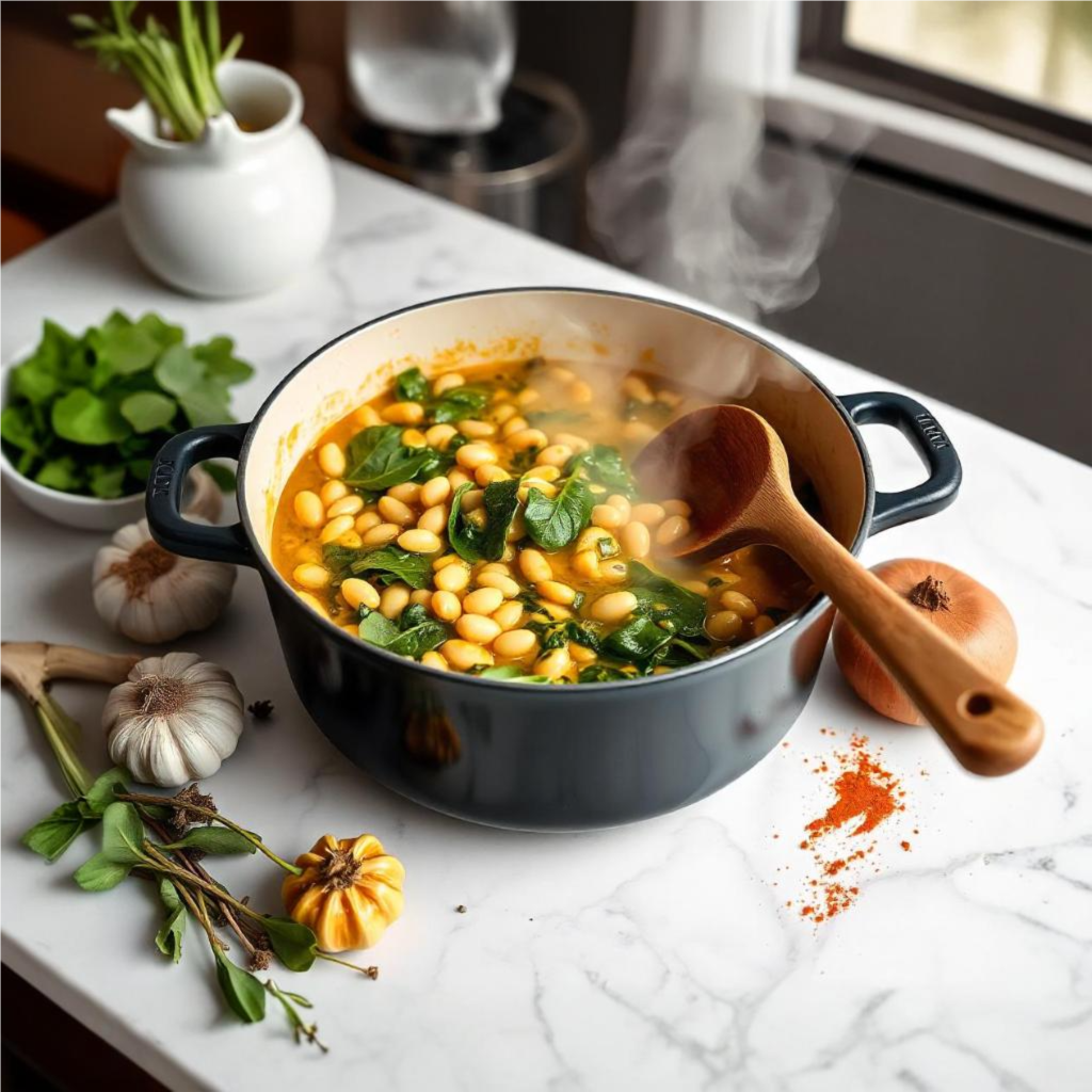 ingredients:, pikaso texttoimage a steaming pot of cannellini beans with spinach cu